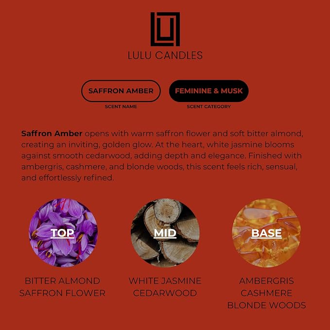 Lulu Candles | Saffron & Amber | Notes: Jasmine, Saffron, Cedar, & Amber | Smells Woody & Floral | Luxury Scented Soy Jar Candle | Hand Poured in The USA | Highly Scented Long Lasting (9 Oz.)