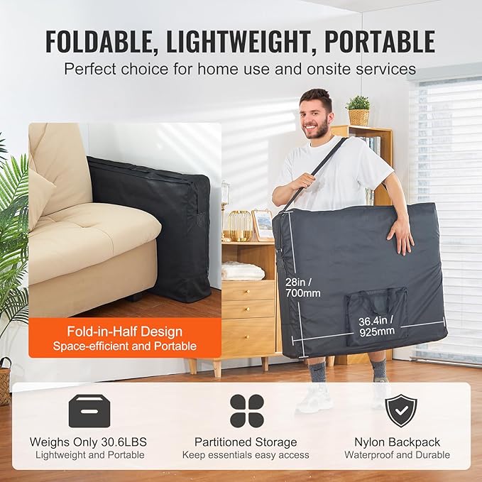 VEVOR Portable Massage Table 28" W, 2 Folding Lightweight Massage Table, 8-Level Height Adjustable Salon Tattoo Bed, Spa Table with Headrest, Armrests, Hand Pallet & Carrying Bag, 600LBS
