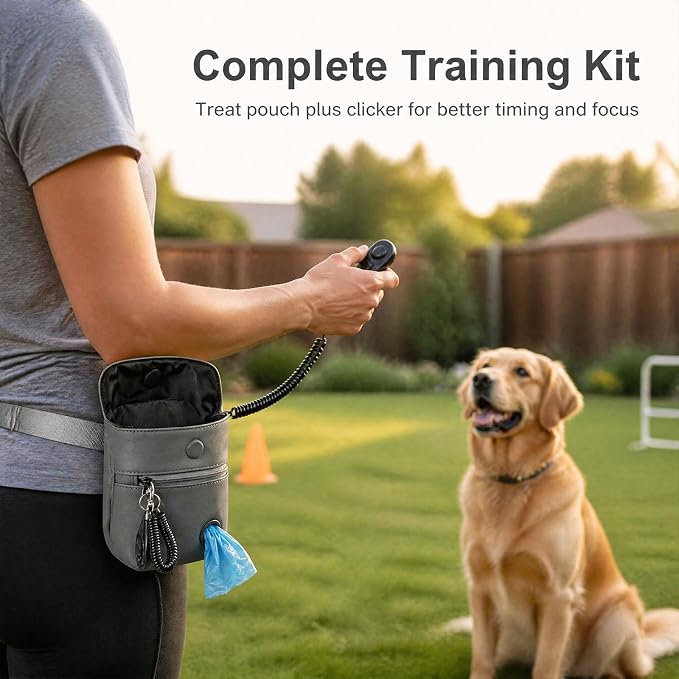 Dog Treat Pouch and Dog Training Clicker, Waterproof Dog Training Treat Bag with Magnetic Closure, Poop Bag Dispenser, Adjustable Waist Belt and Shoulder Strap