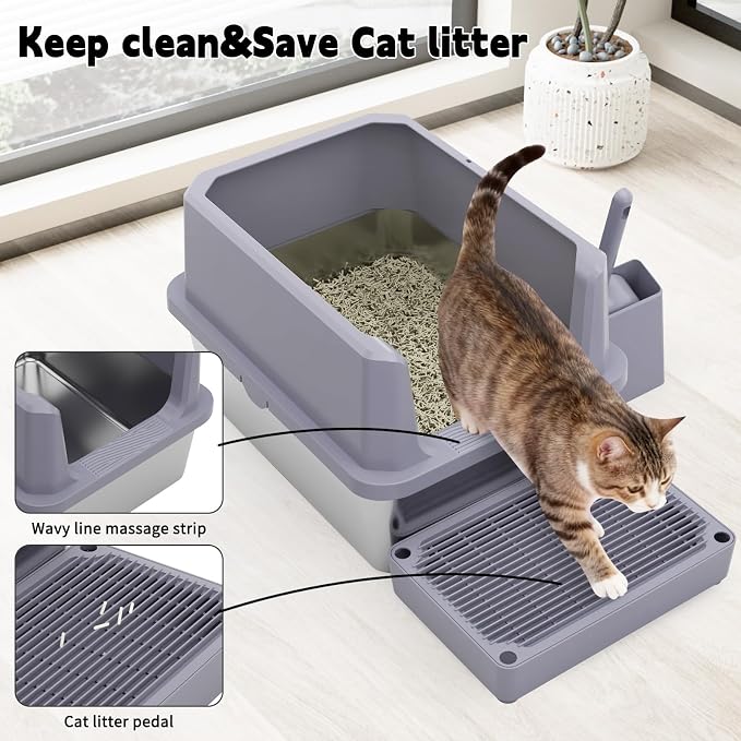 RIZZARI Cat Litter Box Non-Porous: Open High Sides for Indoor Cats | Open-Top Airflow / High Anti-Spill Edges / Wavy Mat Anti-Tracking / Spacious for All Breeds / Easy Visibility for Quick Clean