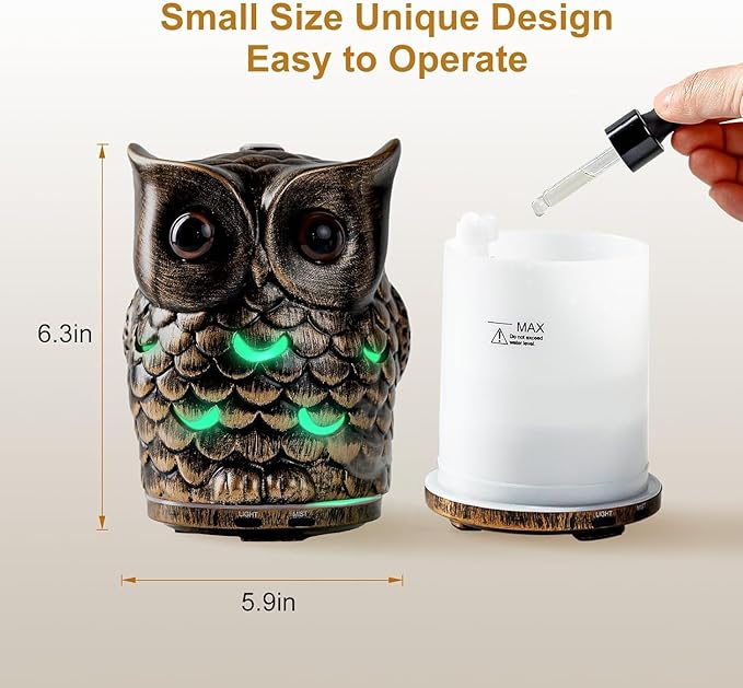 Alieye Ceramic Essential Oil Diffuser, 200ML Handcrafted Ceramic Owl Ultrasonic Cool Mist Aromatherapy Humidifier with 7 Colors LED Waterless Auto Shut Off for Home Office Yoga, Gifts for Mom, Brown