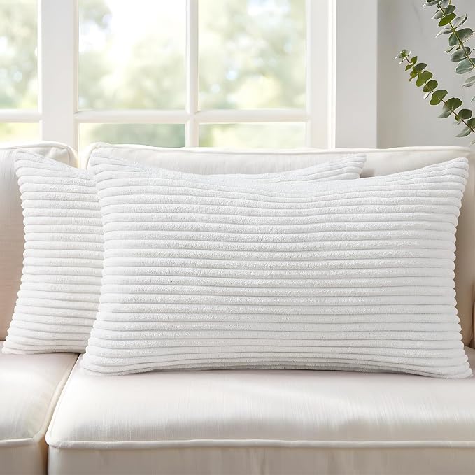 Mecatny Corduroy Decorative Throw Pillow Covers 12x20 Set of 2 White | Soft Striped Texture, Hidden Zipper Design, Neutral Boho Lumbar Pillow Cases for Sofa Couch Living Room Bedroom, Home Décor