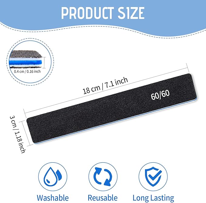 12 Pcs Professional Nail Files, 60/60 Grit Nail Files for Acrylic Nails Gel Nails, Double Sided Emery Board for Nails, Reusable & Washable Coarse Nail File for Home and Salon Use