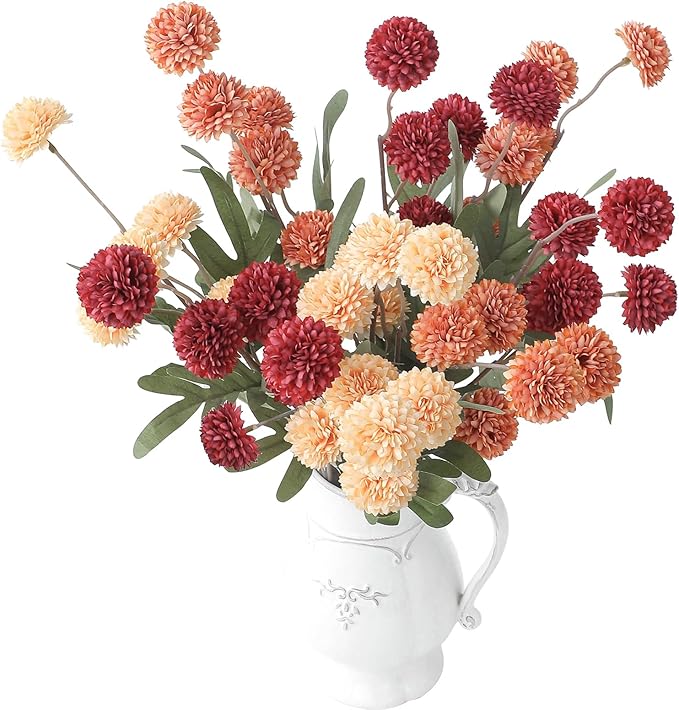 9pcs Dark Red Burnt Orange Mix Faux Silk Mums Artificial Flowers, Bulk Fake Small Mini Chrysanthemums with Stems for DIY Wedding Centerpieces Floral Arrangements Vase Fillers Home Decorations