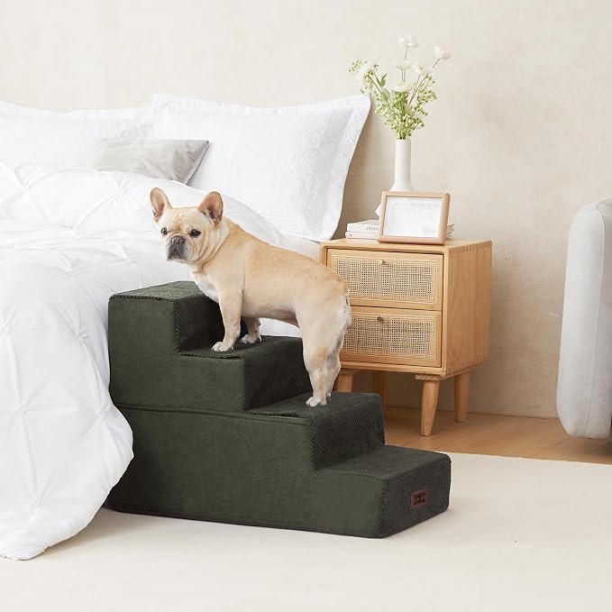 EHEYCIGA Dog Stairs for Bed 20" H, 4-Step Extra Dog Steps, Military Green | Pet Steps for Small Dogs and Cats for High Bed, Non-Slip Balanced Pet Ramp Indoor