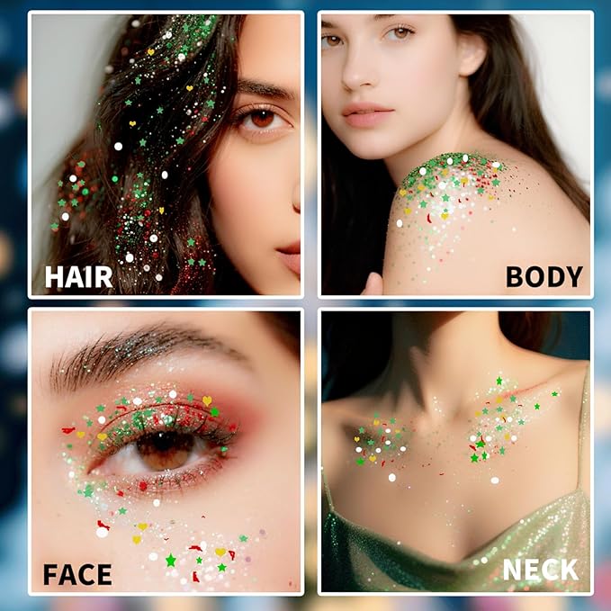 Go Ho Christmas Body Hair Face Glitter Gel,Christmas Glitters Face Paint,Holographic Colorful Sequins Chunky Reflective Face Glitter Makeup,Festival Rave Outfits for Women
