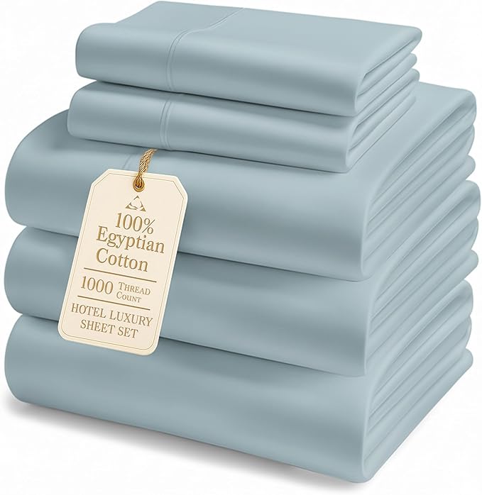 LANE LINEN 100% Egyptian Cotton Split King Bed Sheets for Adjustable Bed - 1000 Thread Count, Mercerized Cotton, Sily Finish, Fade Resistant Split King Bedding Sheets & Pillowcase - French Blue