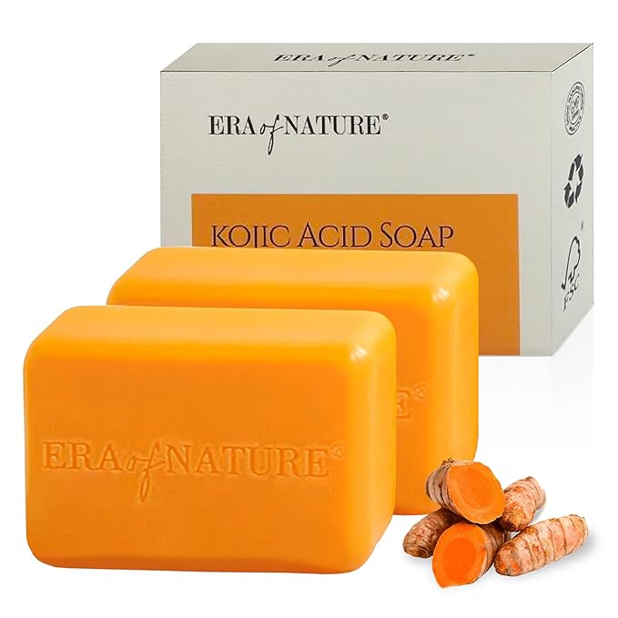 Era of Nature Turmeric Kojic Acid Soap with Vitamin C, Shea Butter & Essential Oils for Face and Body - 2 Pack - Helps Reduce the Look of Dark Spots – Inner Thighs, Armpits, Bikini Area, Knees – 200g
