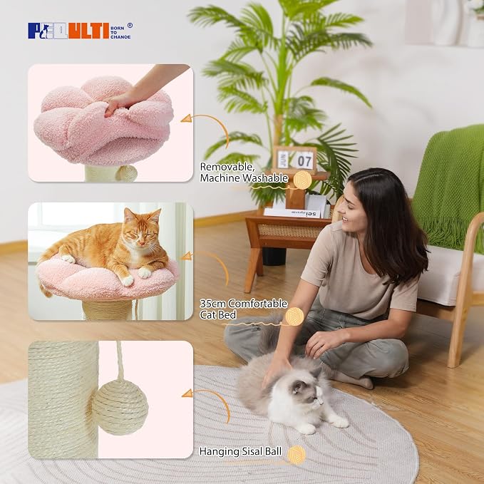 PEQULTI Flower Cat Scratching Post, Super Thick 5.5in Sisal Post, Pink | Small cat & kitten scratcher: removable flower bed, sisal + spring ball, enlarged double base; cute pink flower cat tree
