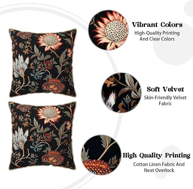 Vintage Red Orange Blue Floral Velvet Pillow Covers 18x18 Inch Retro Abstract Boho Flowers Throw Pillows For Couch Cushion Covers Pillowcase Bohemian Farmhouse Pillow Cases for Sofa Bed Bedroom
