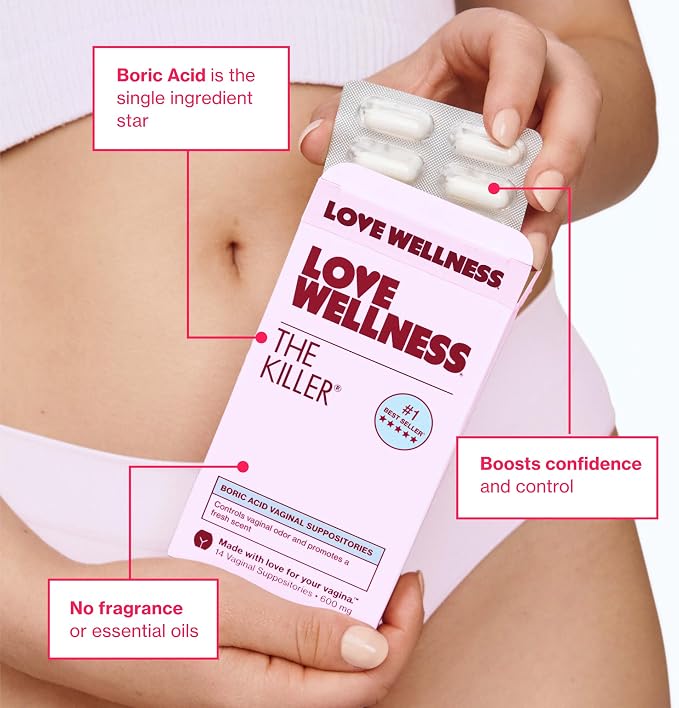 Love Wellness The Killer | 600mg Boric Acid Vaginal Suppositories | Balances pH & Supports Odor Control, a Healthy Vaginal Balance | Fast-Acting & Fragrance-Free | Gentle & Effective | 28 Ct