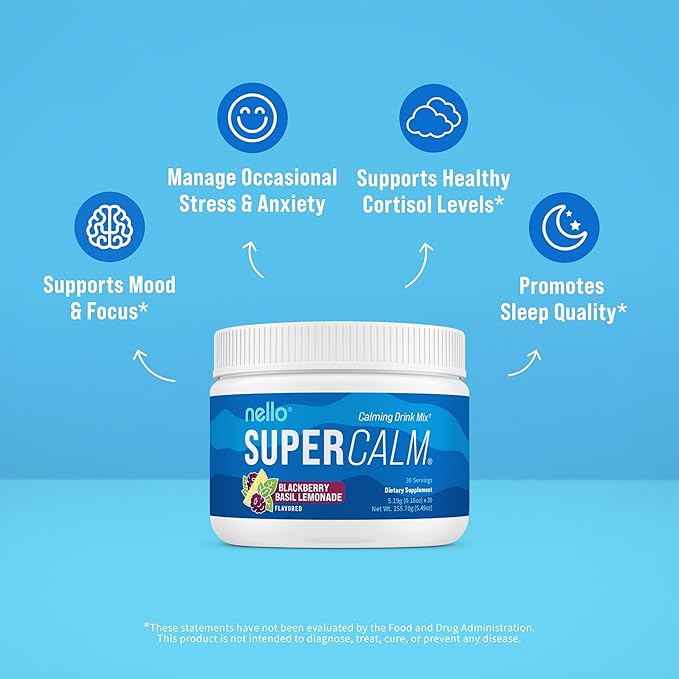Nello Supercalm Powdered Drink Mix Tub, Cortisol Reducer* and Sleep Aid Supplement, L Theanine, Ksm-66 Ashwagandha, Magnesium Glycinate, Vitamin D 3, No Sugar, Non GMO, 30 Ct, BlackBerry Basil