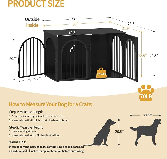 Hzuaneri 39.4'' Dog Crate Furniture,Dog Kennel Indoor for Medium/Large Dogs | Dog Kennel Furniture Wooden Dog Cage Heavy Duty Dog Crate Decorative Pet House End Side Table TV Stand,Black DFC84104B