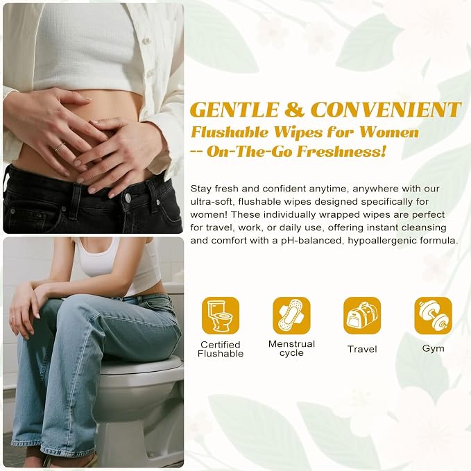 twoworld 50 Feminine Wipes Individually Wrapped,Flushable Wipes Travel | Feminine Care Vaginal Wipes for Adult,Women,Girl and Homeless (Chamomile)