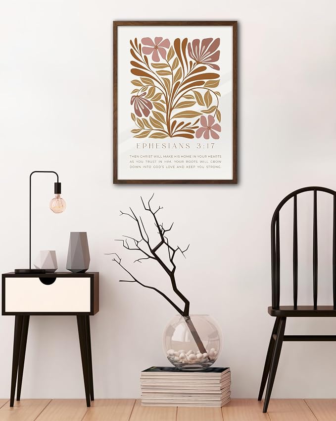 EcoHest 12x16 in Ephesians 3:17 Abstract Floral Framed Christian Wall Art | Walnut Color Solid Oak Frame，Canvas Wall Art, Scripture Bible Verse Wall Decor for Bedroom, Living Room, Office, Church,1Pack