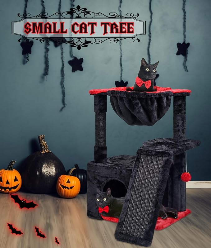 SYANDLVY Gothic Cat Tree for Indoor Cats Large Adult, Modern Activity Tower with Scratching Posts & Board, Condo with Plush Perch, Cradle & Hanging Ball & Spider for Play, Black