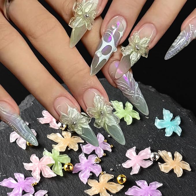 Summer Flower Nail Charms 3D Hibiscus Flowers for Nails Gems Spring Nail Jewelry with Rhinestones Acrylic Nail Art Color Ice Lily Floral Charms for Women Manicure Nail Decoration DIY Crafts