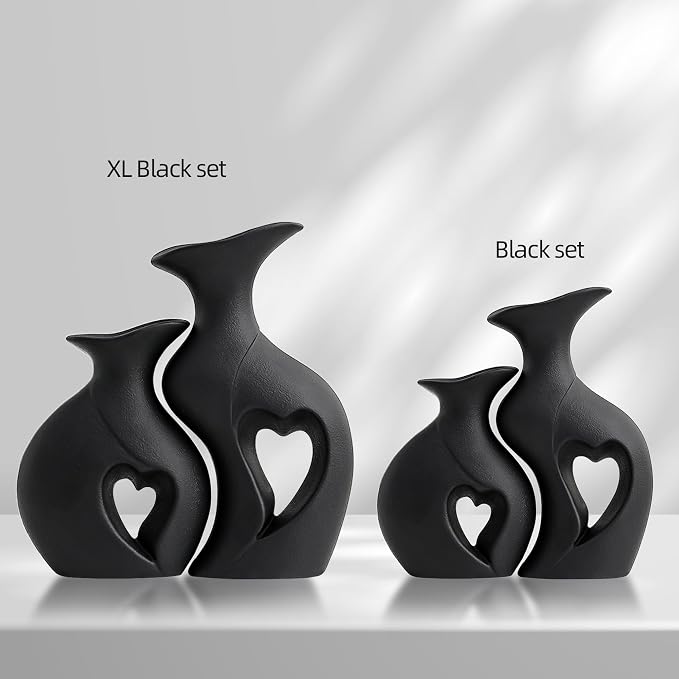 XL Black Snuggle Hollow Ceramic Flower Vase Home Decor Set of 2 | Heart Shaped, Minimalist, Decorative Flower Vase for Wedding,Living Room,Dining Table,Bedroom,Entryway,H 10.1 inches