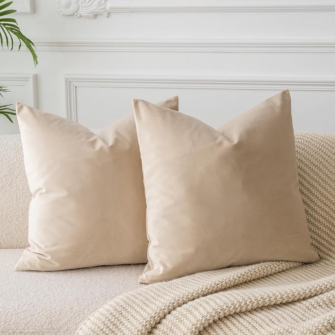 18x18 Throw Pillow Covers Decorative Velvet Cushion Covers Set of 2,Khaki | Soft Pillow Cases with Invisible Zipper for Modern Couch Sofa Bed Living Room Bedroom Home Decor