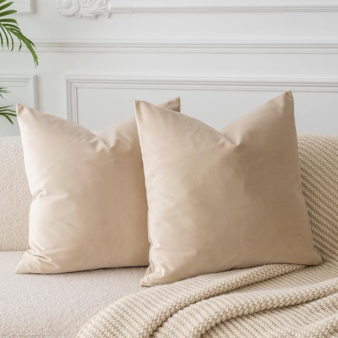 Throw Pillow Covers Set of 2 for Couch Bed Velvet Cushion Cover 14x14,Khaki | Decorative Pillow Covers with Invisible Zipper for Sofa Living Room Bedroom Home Decor Modern