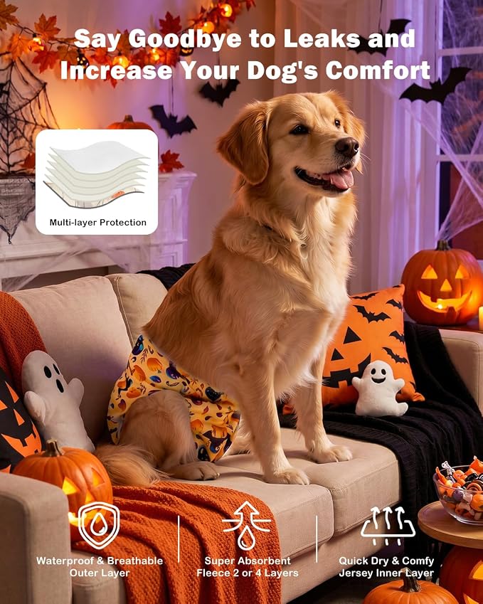CuteBone Dog Diapers Female Halloween Washable Small Medium Large 3 Pack Reusable Doggie Diapers Puppy Period Pants for Doggy Heat Cycle Peeing D83XL