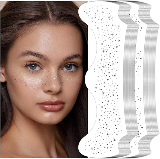 24 PCS Silver Glitter Freckles Face Tattoos Face Glitter Makeup Speckles Patches, Halloween Tattoos Cosplay Party Makeup Accessories for Women Girl, Cosmetic Glitter for Face