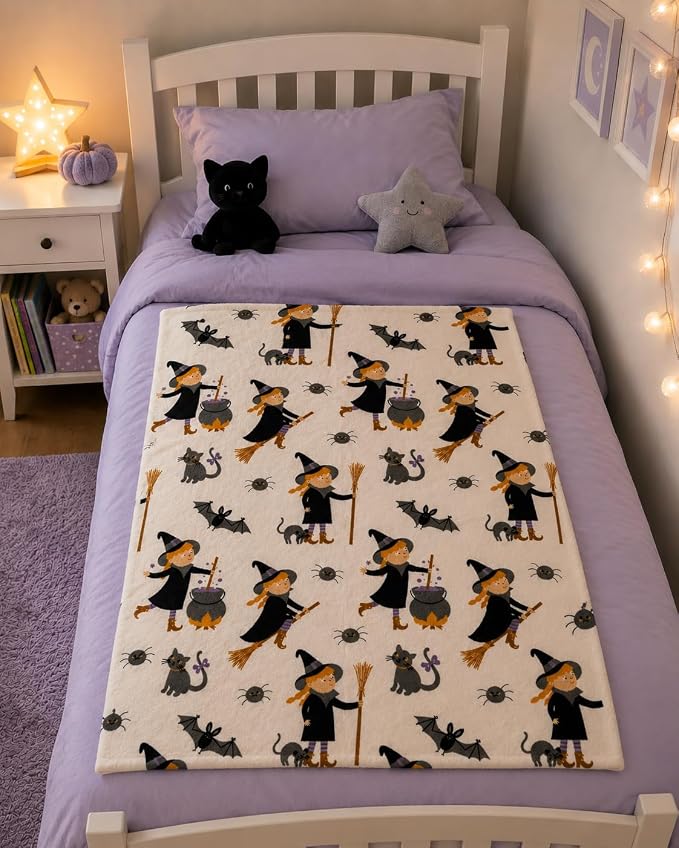 Halloween Ghost Fleece Throw Blanket, Cute Witch Girl, 50x70 oversized | Ultra-soft cozy flannel fleece, for sofa bed couch chair & dorms, spooky Halloween décor, durable and machine washable.