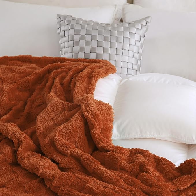 Burnt Orange Throw Blanket 108”×90”Checkered Design for Sofa | Super Soft Cozy Fleece Plush Microfiber 3D Square Pattern Flannel Blanket for Couch Bed Lightweight for Adults,Women