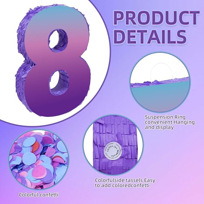 Purple Birthday Party Decorations, Purple Number 8 Pinata with Stick Blindfold Confetti for Girls Boys 8th Birthday Activity Game Gift (15.7 x 11.5 x 3 In)