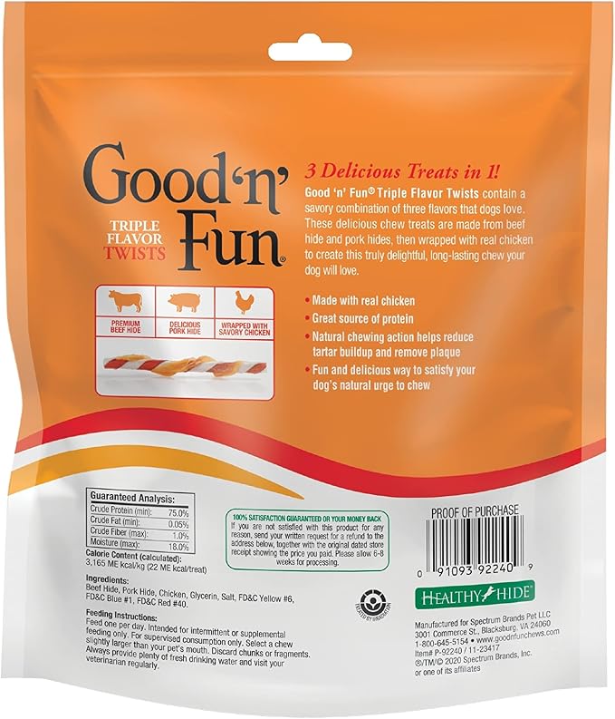 Good 'n' Fun Twists Long-Lasting Dog Treat, 35 Count (12 Pack) | Real Protein, Premium Chicken, Pork and Beef Hide Chew, Supports Dental Health and Mental Stimulation, For Adult Dogs