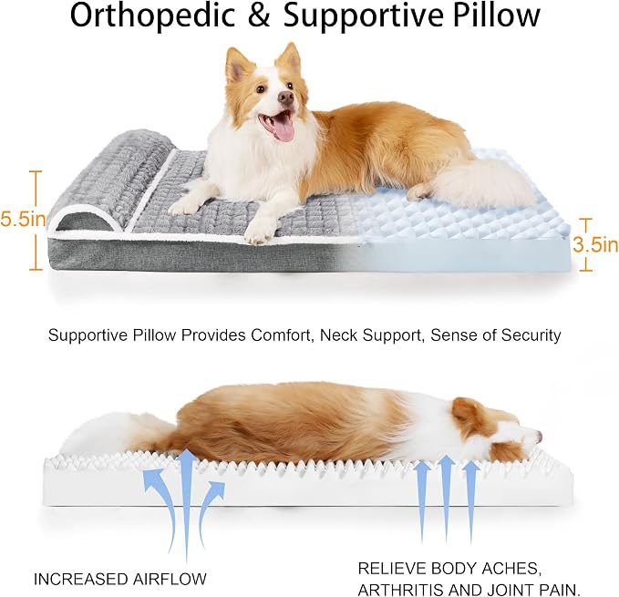 Orthopedic Medium Dog Bed Pillow Pet Sofa Bed 30''X20'' Grey | Egg-Crate Foam Pet Couch Medium Size Dog, Waterproof Removable Washable Cover,Furry Puppy Crate Mat With Nonskid Bottom