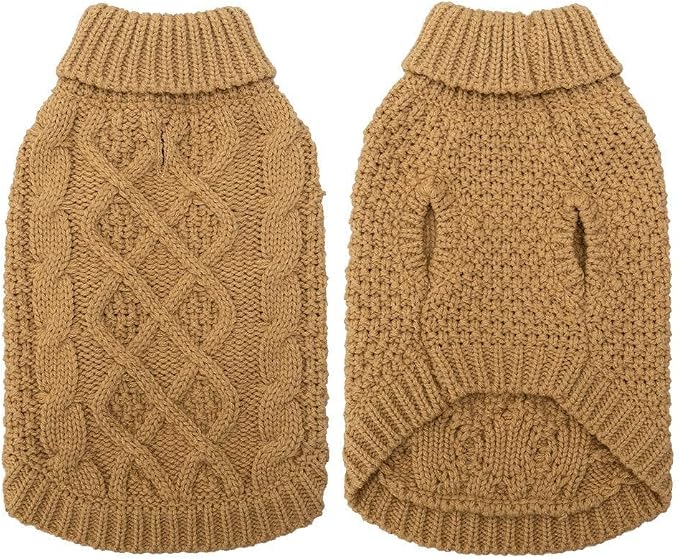 Mihachi Turtleneck Dog Sweater - Winter Coat Apparel Classic Cable Knit Clothes with Leash Hole for Cold Weather, Ideal Gift for Pet in New Year Khaki X-Small