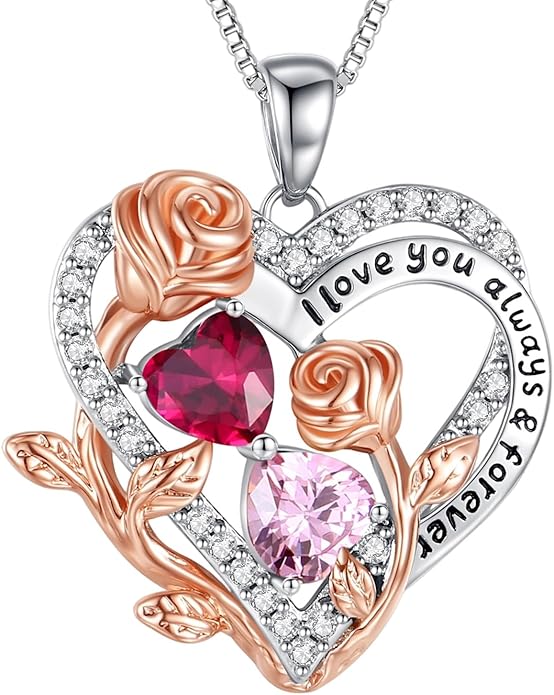 I Love You Birthstone Necklace, 925 Sterling Silver Heart Pendant with CZ Diamond Stones, Birthday Gifts for Women, Romantic Gift for Wife, Girlfriend, Her, Anniversary, Valentine's Day, Christmas