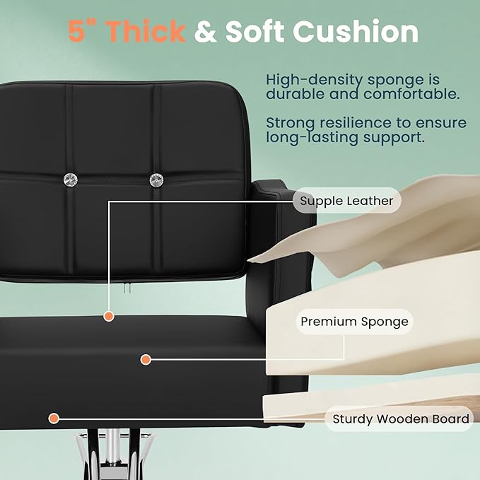 Salon Chair for Hair Stylist, Barber Hair Salon Styling Chair, Stylist Chairs with Hydraulic Pump, 360 Degrees Swivel, High-Density Foam & PU Leather for Beauty Braiding Chairs, Black