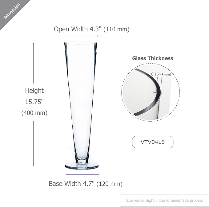 WGV Trumpet Glass Vase Bulk, Open 4", Height 16", (Multiple Sizes Choices) Clear Tall Pilsner Floral Planter Container Centerpiece, Wedding Event Home Decor, 8 Pieces (VTV0416)