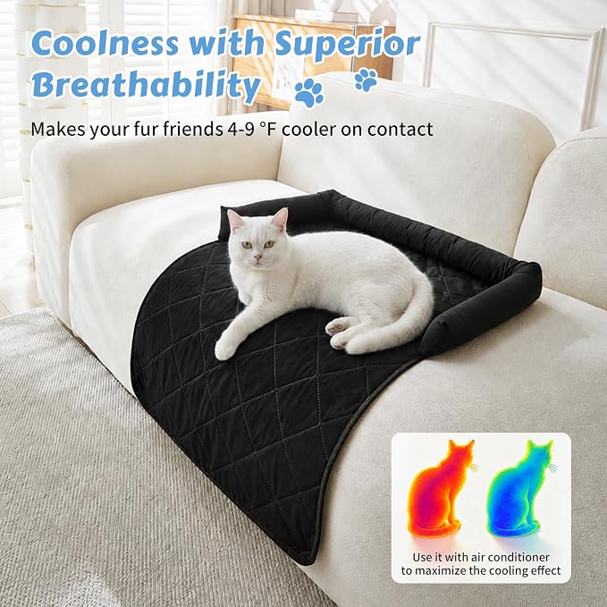 Cooling Dog Bed Mats with Neck & Head Support, 31.5 x 23.62 inch Black | for Small and Medium Dogs & Cats, Non-Slip, Machine Washable, Protects Sofa from Fur & Scratches