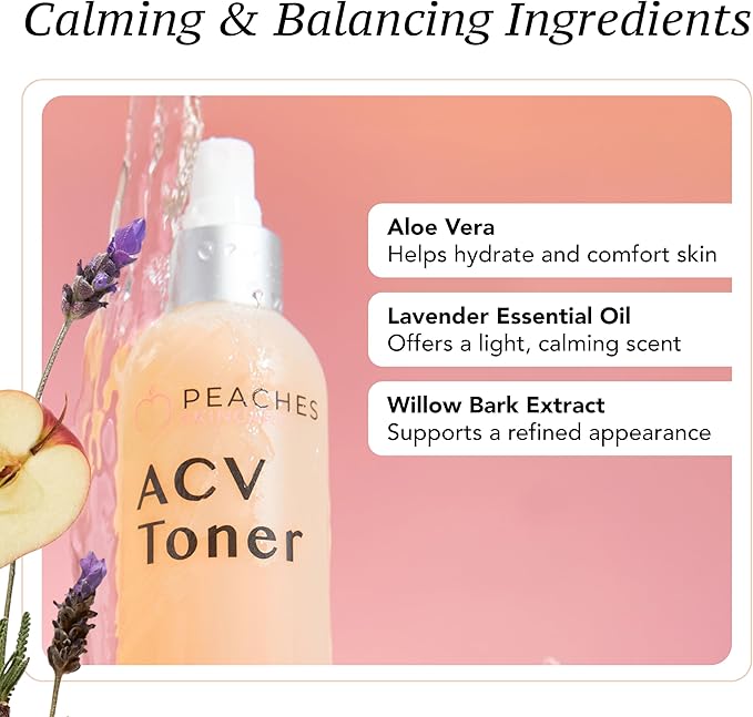 Peaches Skin Care Apple Cider Vinegar Face Toner - Vegan Facial Toner with Citrus Extracts – Gently Exfoliation for Healthy Skin – 8 oz