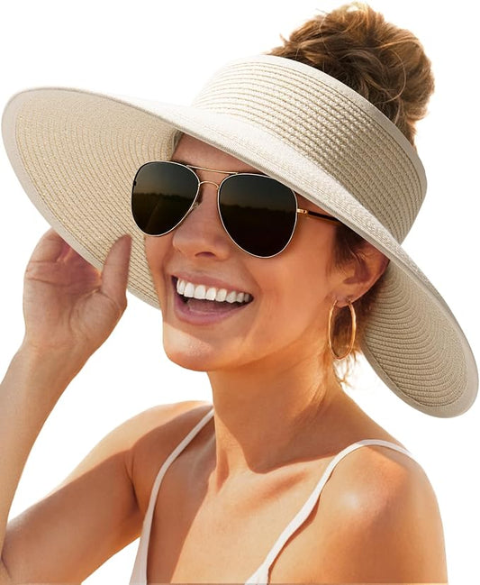 FURTALK Womens Sun Hat with Ponytail Hole Wide Brim Beach Straw Visor | Foldable & Packable for Beach Vacations, Adjustable Fit for Messy Buns, Detachable Windproof Strap, Sweat-Wicking Inner Band