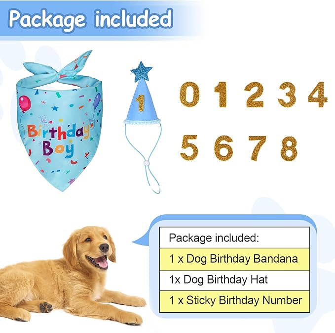 Dog Birthday Bandana Set, Dog Birthday Party Supplies,Dog Birthday | Puppy Boy Girl Birthday Party Hat with Numbers for X-Small, Small and Meidum Puppy (Blue),Dog Birthday Decorations,Breathable