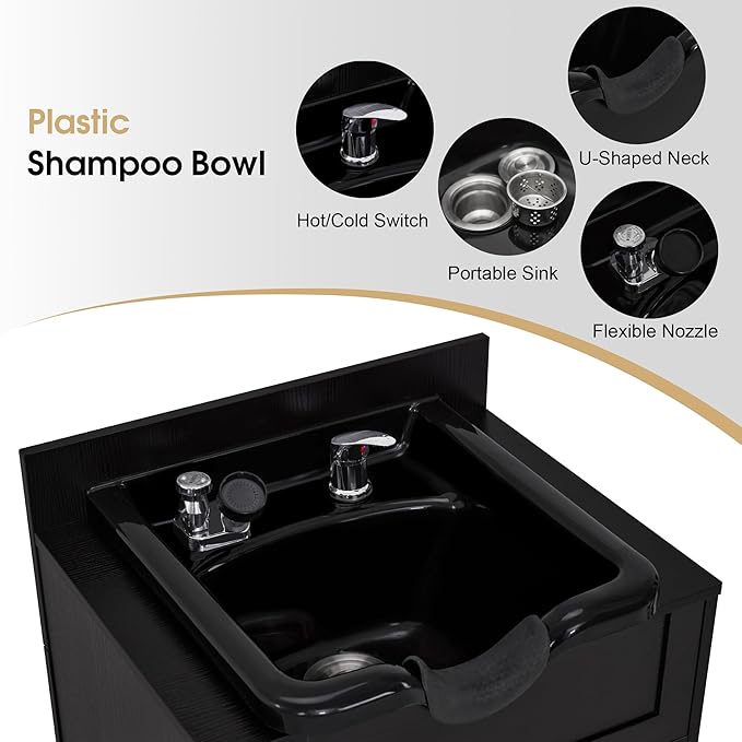 BarberPub Barber Storage Shampoo Station, Spa Textured Embossed Cabinet with Shampoo bowl & Drawers, Hair Salon Sink Backwash Equipment 7131 (Black)