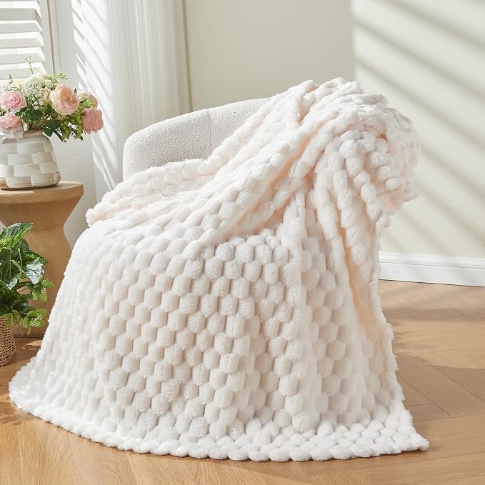 NEWCOSPLAY Fleece Clouds Cozy Queen Blanket for Couch, Ivory, 90"x90" | Premium Silky Flannel Blanket, Soft Lightweight Fluffy Throw Blanket for Bed Sofa Decor, Gift for All Season Use