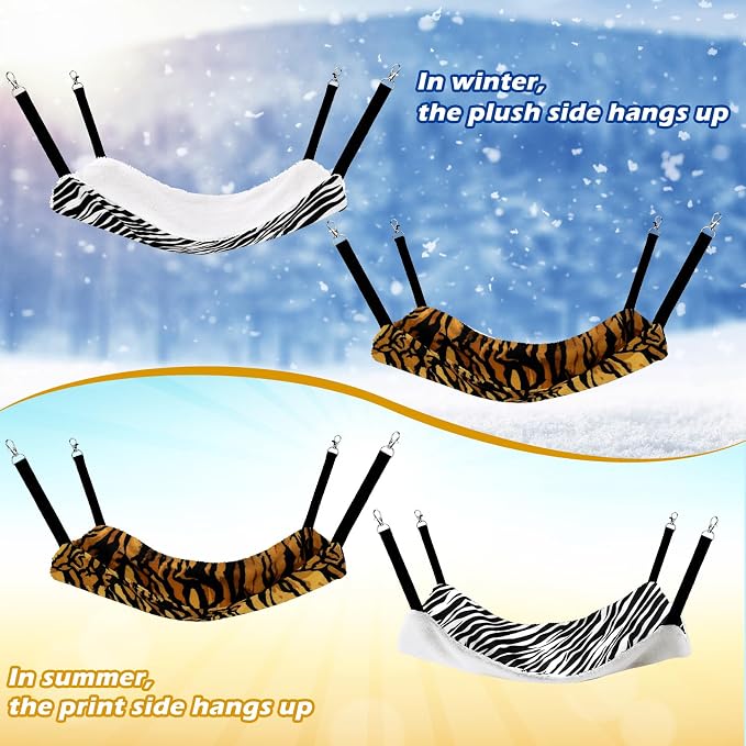 Jetec 2 Pack Cat Hammock for Cage, Zebra, Tiger Stripes, M | Catio Accessories, Reversible Soft Cats Bed, Adjustable Straps and Hooks, Double-sided Linen, Fleece Hanging Hammock for Cats