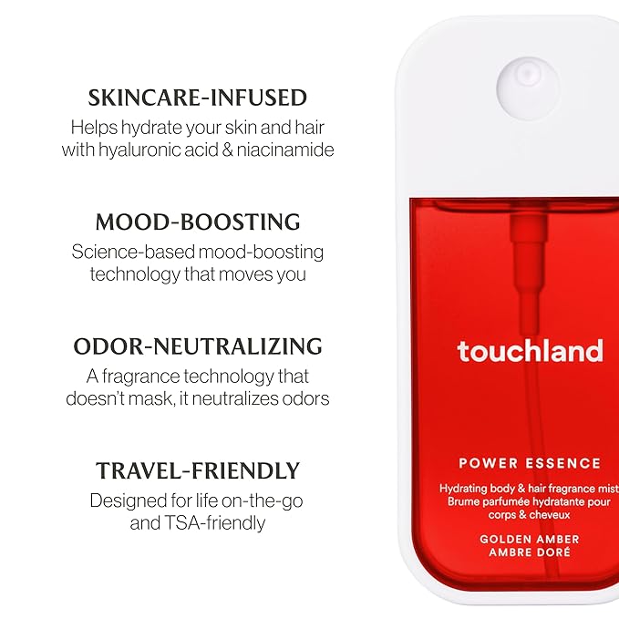 Touchland Power Essence Hydrating Body & Hair Fragrance, Golden Amber, 2 FL. OZ. Travel Size Body Mist