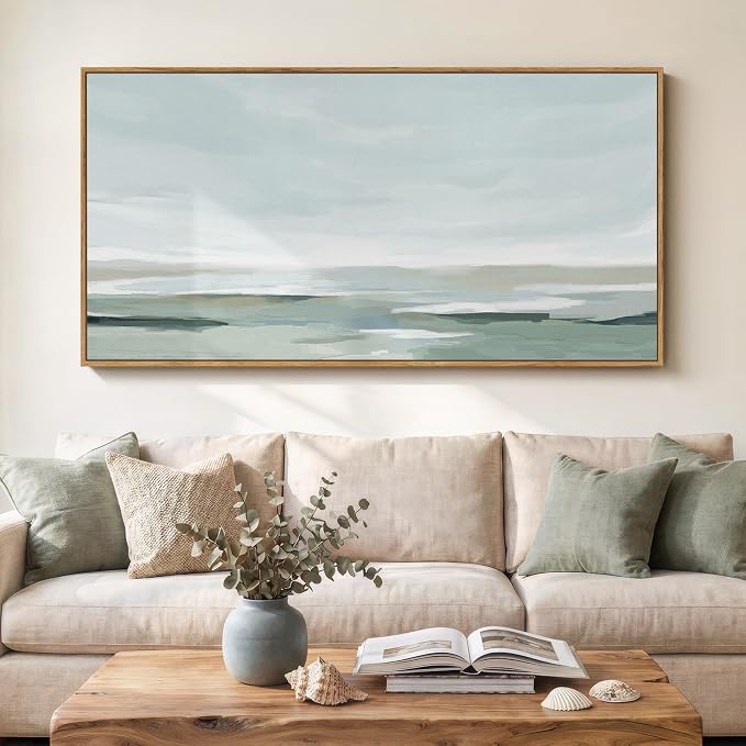Large Framed Wall Art for Living Room, Horizontal Sage Green Abstract Landscape Pictures Canvas Prints Paintings Artwork for Walls, Modern Minimalist Wall Decor for Bedroom Dining Room Office 30x60 In