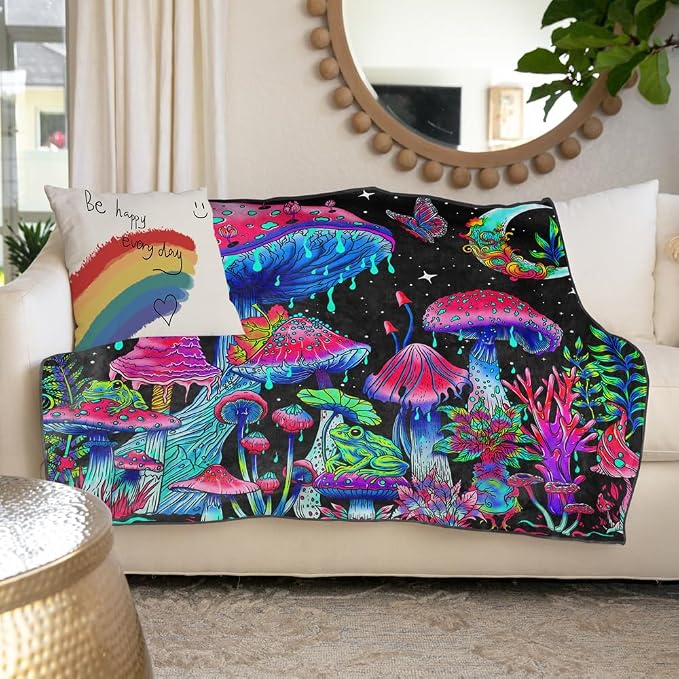 Blacklight Mushroom Throw Blankets Glow in the Dark Black Light Plant Throw Fantasy UV Reactive Mushroom Butterfly Moon Blanket Cute Throw for Bedroom Dorm Decor 59”x51”