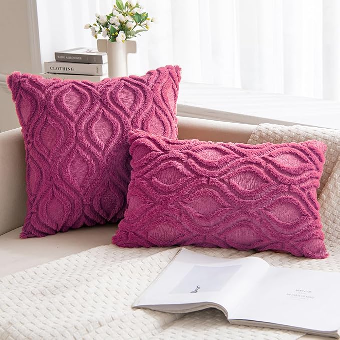MIULEE Hot Pink Soft Plush Faux Wool Throw Pillow Covers 20x20 | Set of 2, Farmhouse Boho Home Decor, Decorative Cushion Covers for Sofa, Living Room, Bed