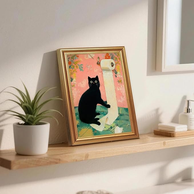 ICHZUMW Gold Framed Funny Black Cat Toilet Paper Canvas Wall Art, 8x10 In | Quirky Cat Print Humorous Pink Bathroom Wall Decor, Restroom Powder Room Guest Toilet, Fade Resistant, Ready to Hang