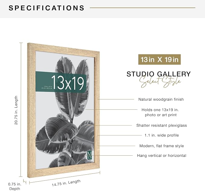 MCS Studio Gallery 13x19 Picture Frame Natural Woodgrain, Rectangle Photo Frame for Photos, Posters & Art Prints (1-Pack) ,19"L x 13"W