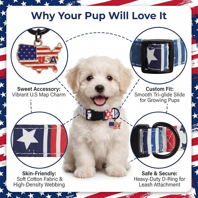 American Flag Dog Collar for Boys Dog, Patriotic Dog Collar with Star & Stripes Pattern, Adjustable Male Collar with Map Charm for 4th of July Occasion & Daily Walking, Fits Meidum Size Dogs