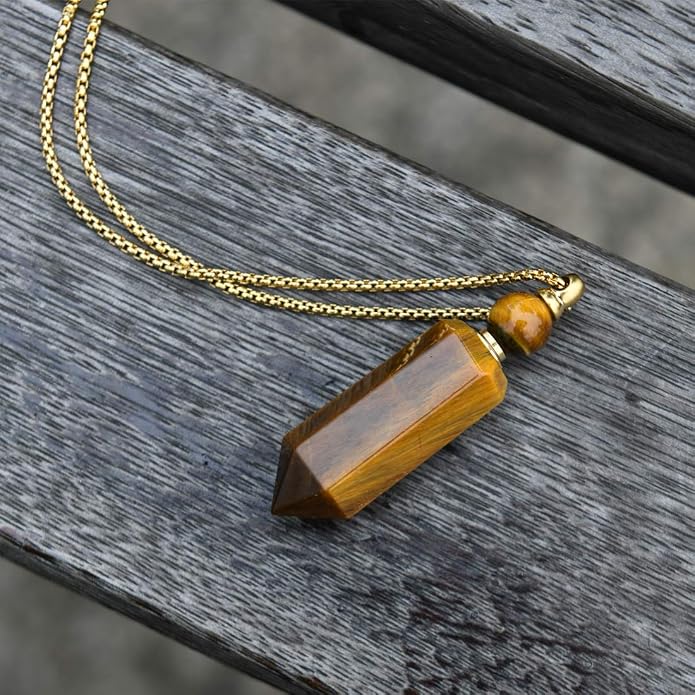 YGLINE Perfume Bottle Necklace,Essential Oil Bottle Pendant,Hexagon Prism Bottle Pendant,Various Gemstones,Healing Stones,Women Gifts